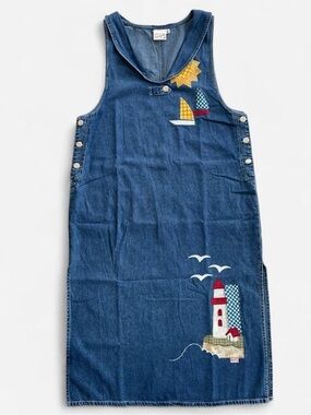 Vintage Beverly’s Denim Jumper Dress with Embroidered Lighthouse Seagulls XL